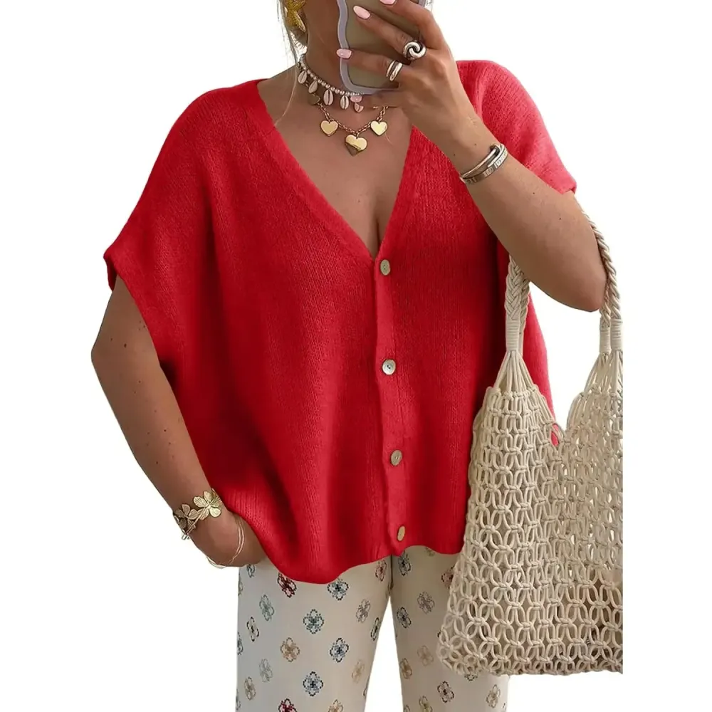Womens Fall Oversized Cardigans Batwing Short Sleeve Lightweight Button V Neck Casual Knit Sweater Tops