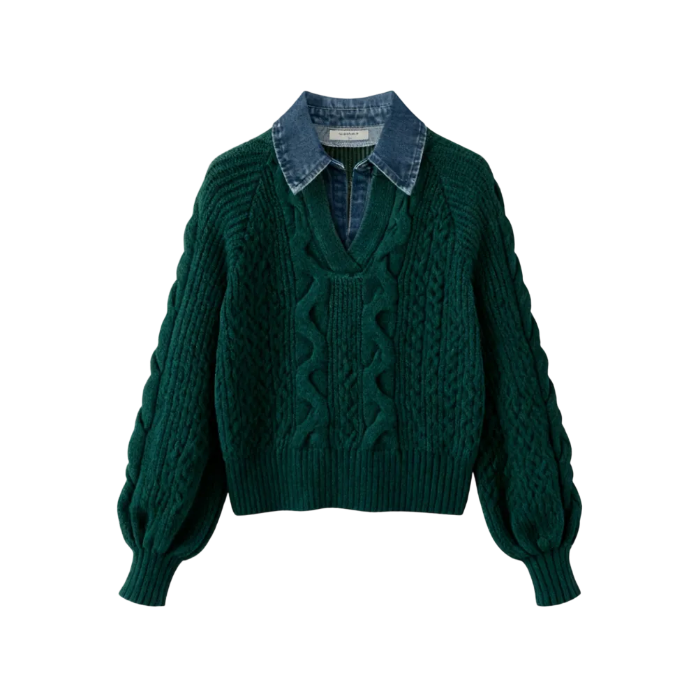 Denim Panel Ribbed Lapel Sweater