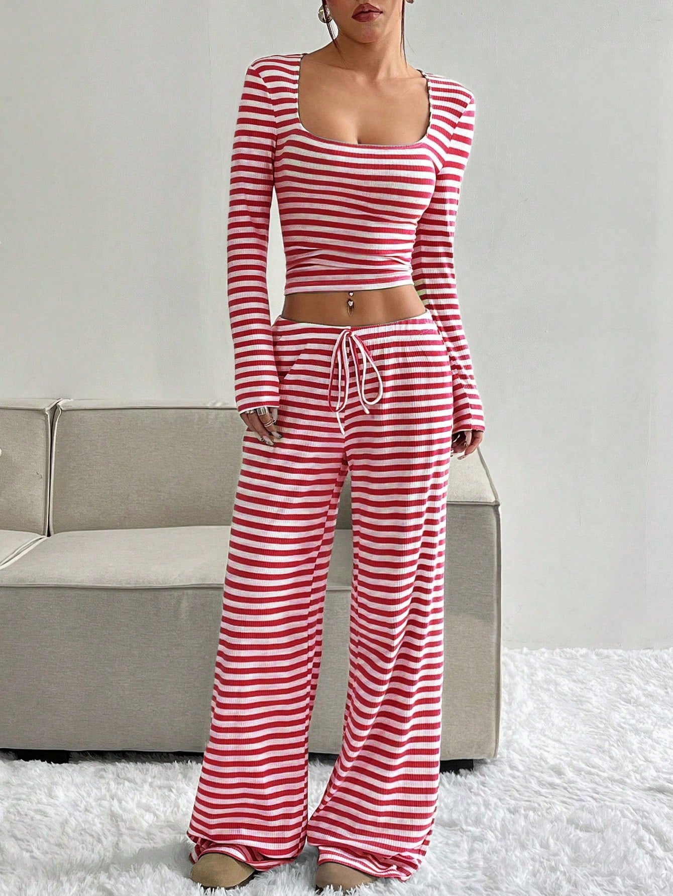 Women's Slouchy Square Neck Stripe Long Sleeve Crop Top & Low-Rise Wide Leg Trousers Co-ord, Minimalist Two Piece Outfits, Cozy Womenswear
