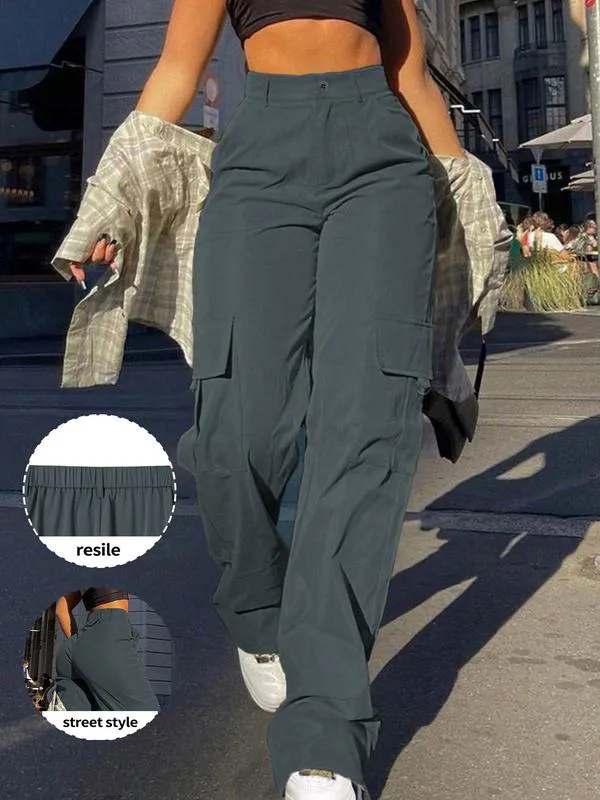 Women's Plain Flap Pocket Button High Waist Cargo Pants