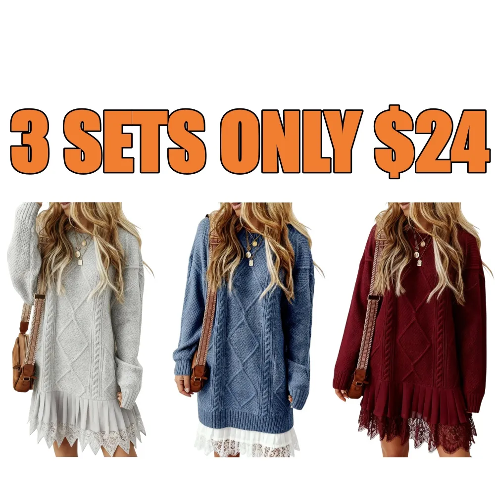 2025 Women's Cable Knit Lace Mini Sweater Dress 2PC