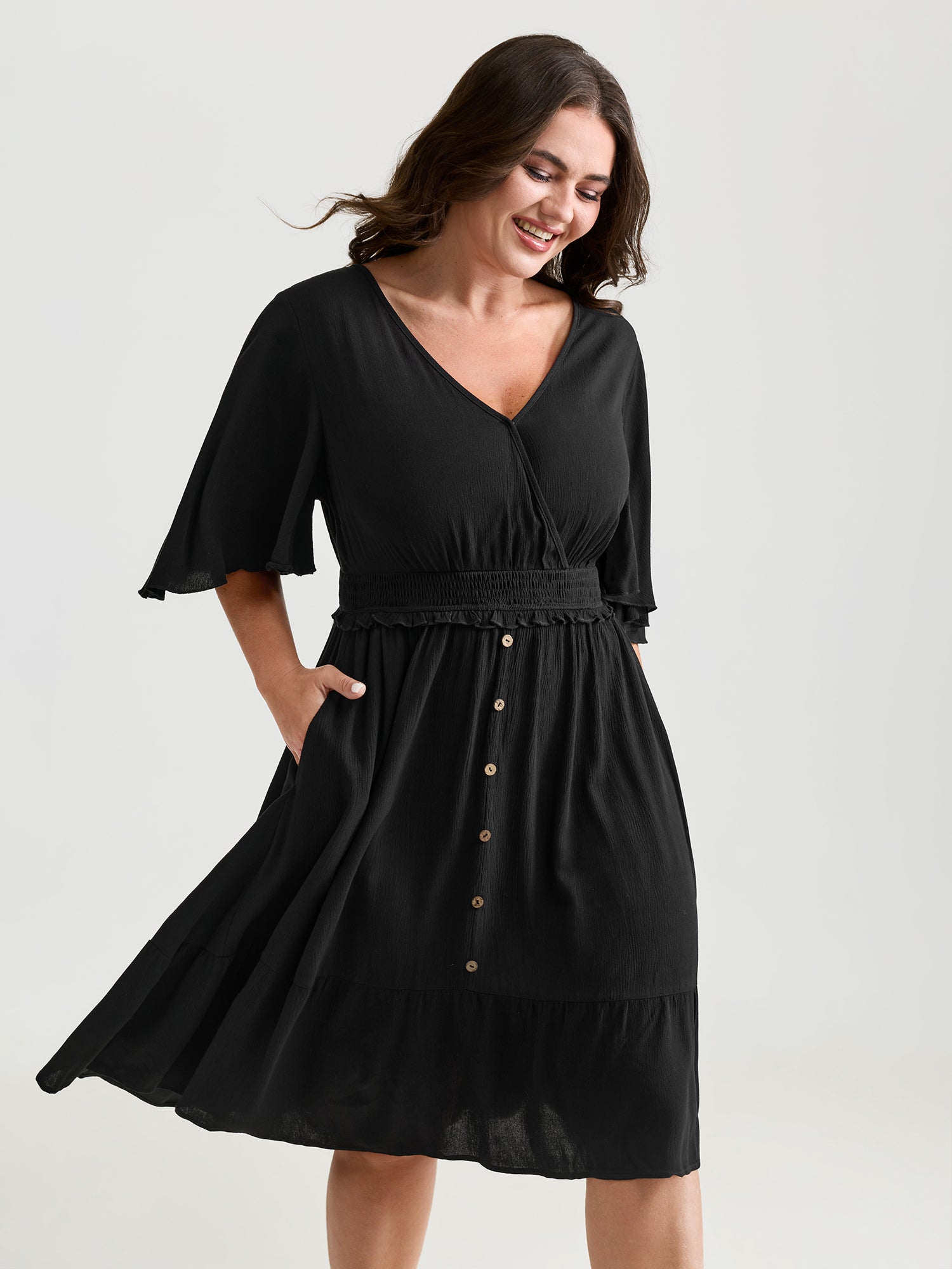 Crepe Shirred Ruffled Sleeve Mini Dress