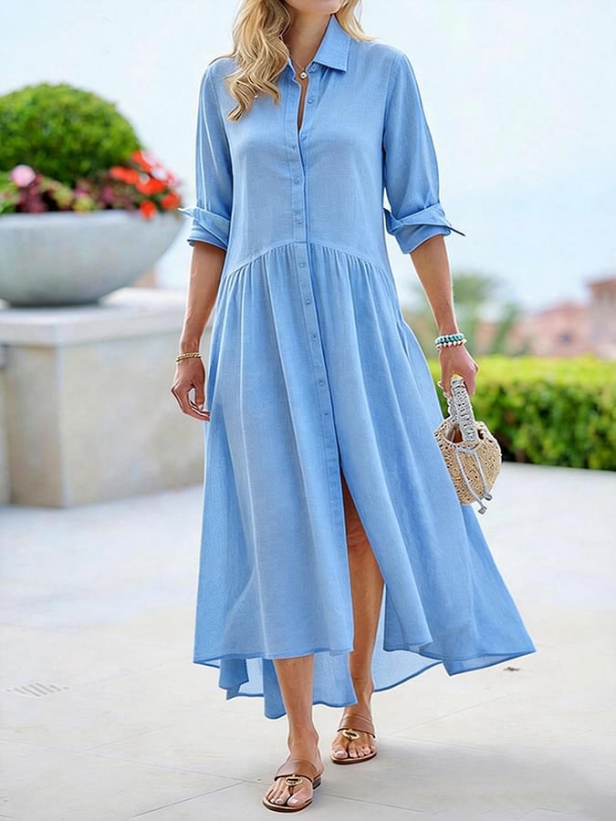 Women's casual cotton and linen solid color dress- Fast Shipping