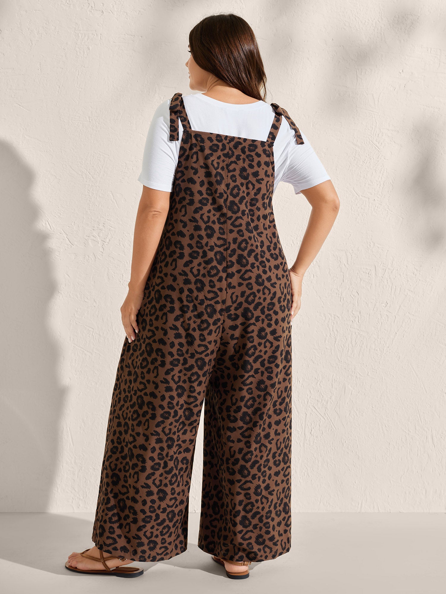 Leopard Print Pockets Shoulder Ties Jumpsuit