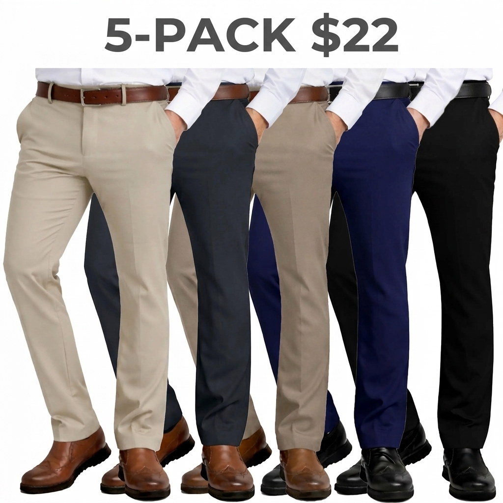 3-Pack Mens Flex Stretch Slim Fit Dress Pants (Sizes, 30-40)