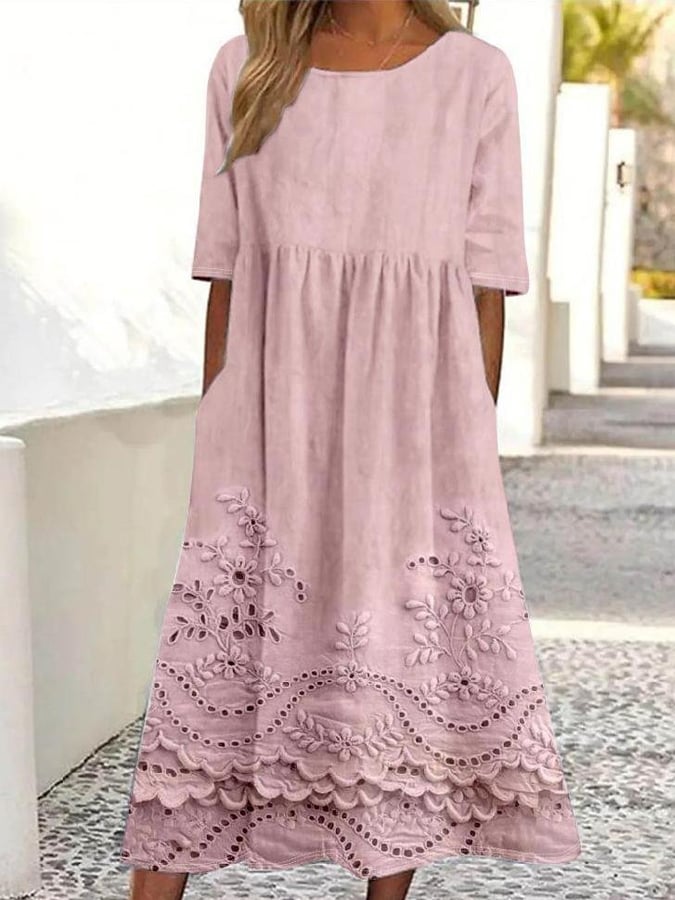 Women's Vintage Lace Floral Print Round Neck Short Sleeve Dress- Fast Shipping