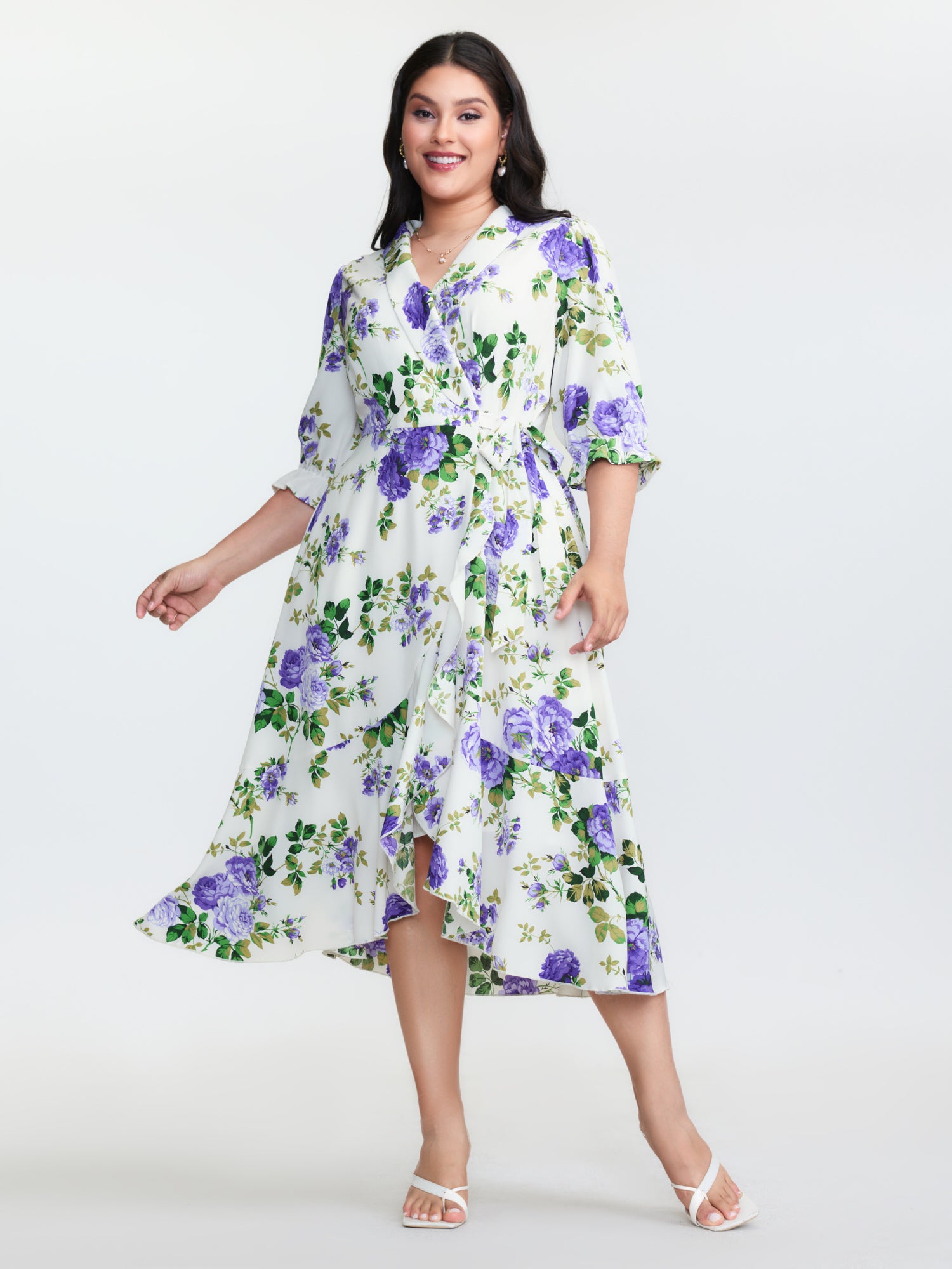 Large Floral Print Wrap Pockets Midi Dress
