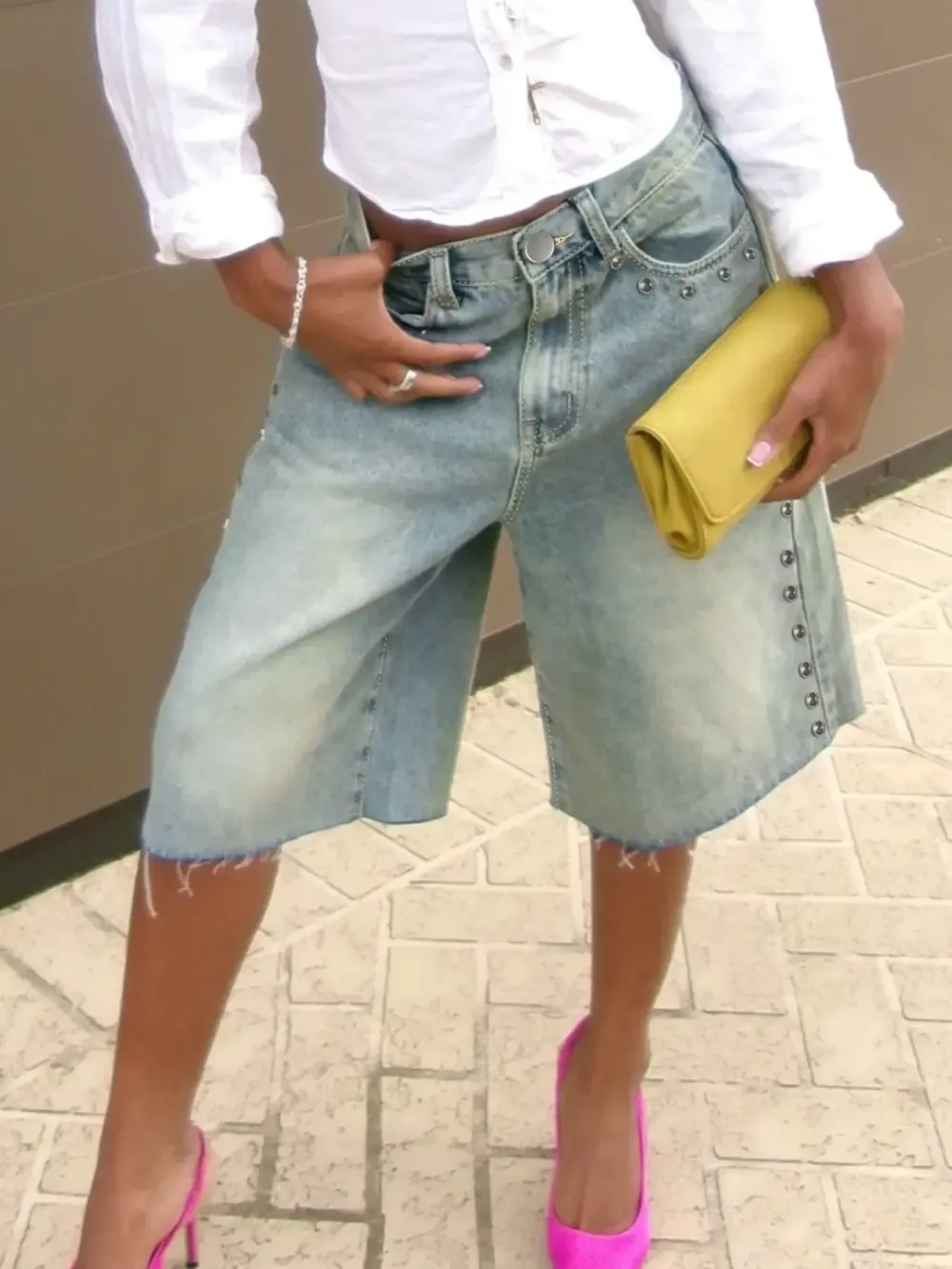 Washed Studded Wide-Leg Denim Jorts, Raw Hem High-Waisted Bermuda Shorts