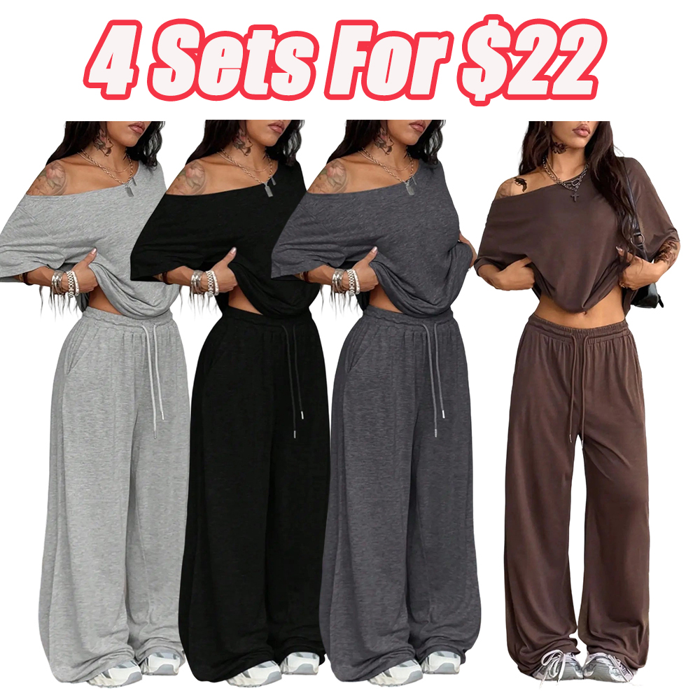 2pcs/Set Women's Minimalist Basic Daily Wear Going Out Sport Comfortable Off Shoulder T-Shirt And Wide Leg Pants Two Pieces Outfits
