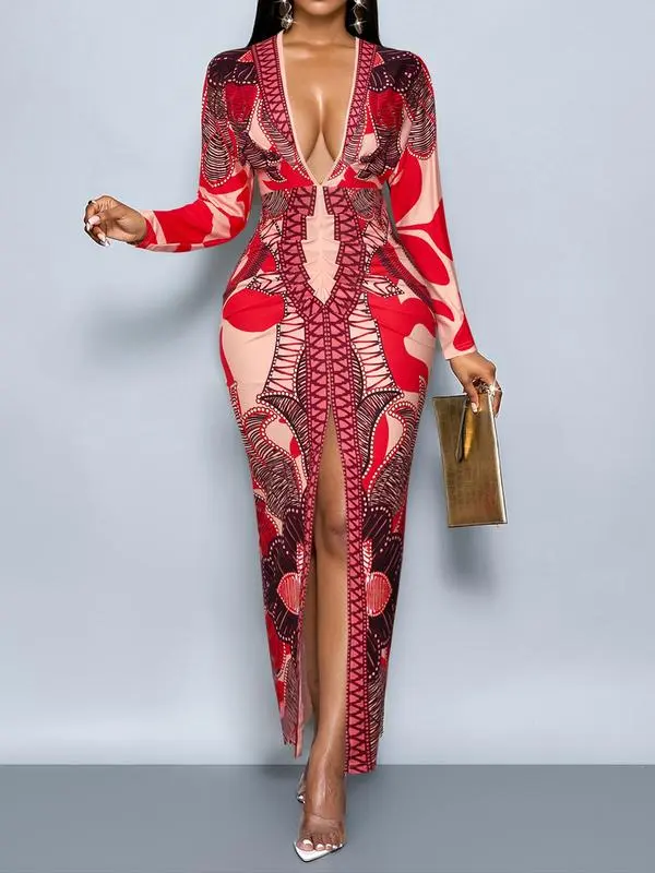 Women's All Over Print Deep V Neck Dress