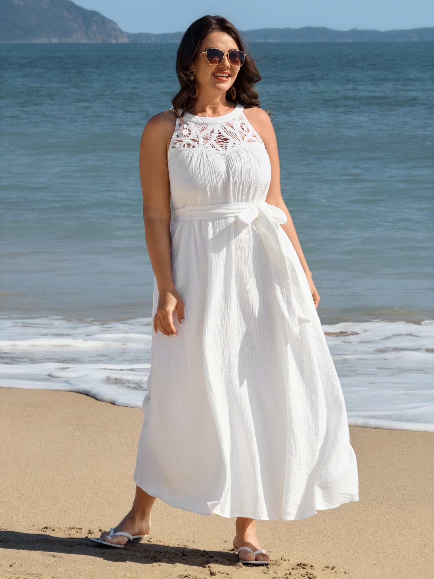 Cotton Sheer Lace Neckline Waist-Tie Maxi Dress