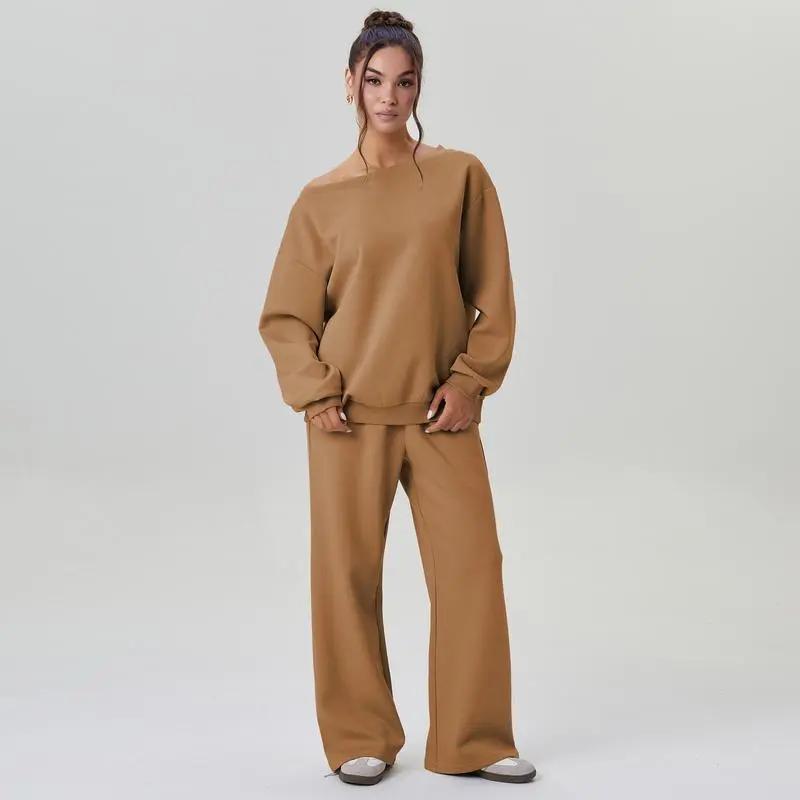 🔥8-PACKS 🔥Women's Leisure Solid Color Sloping Shoulder Long Sleeve Top & Wide Leg Trousers