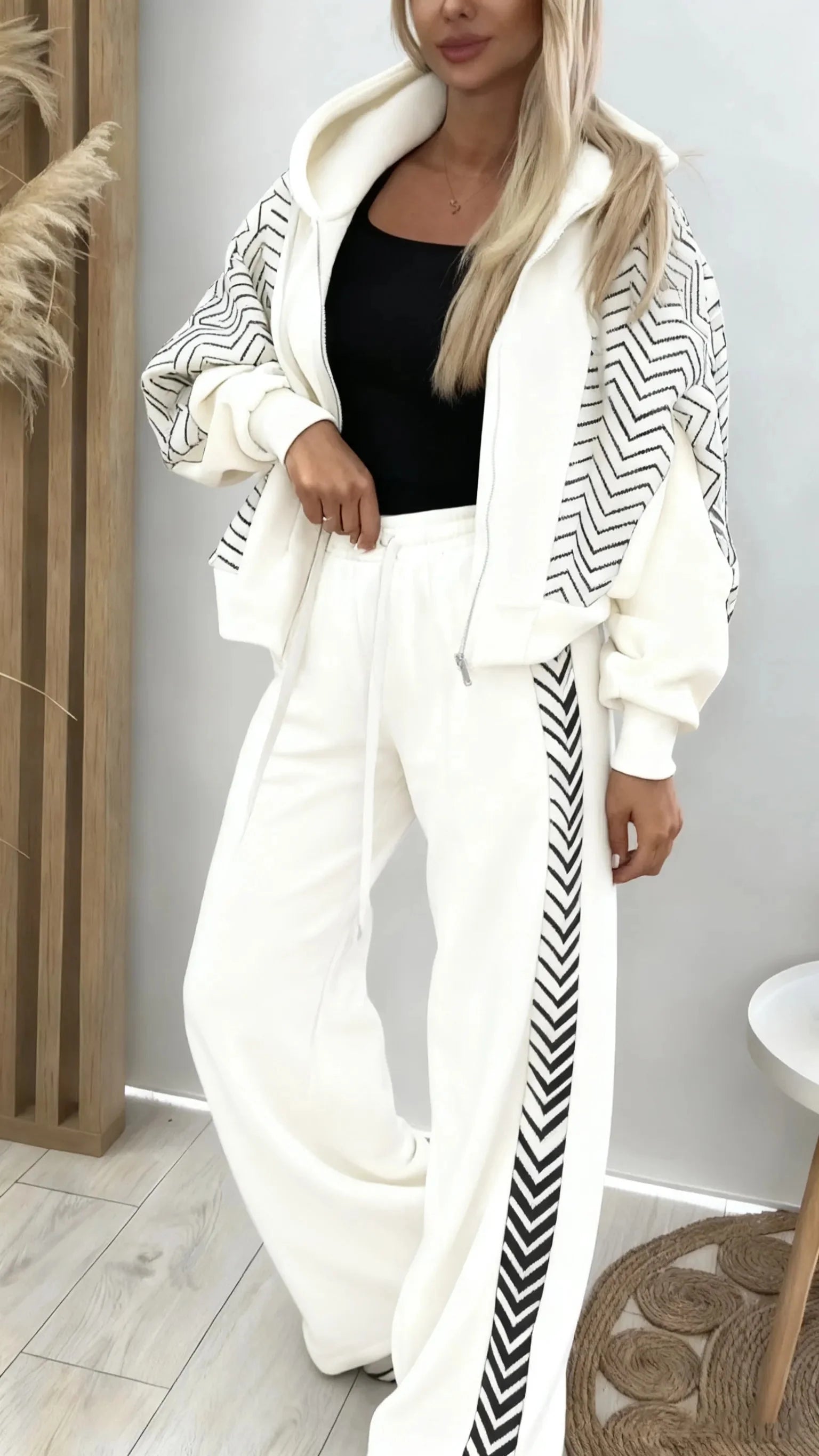 Women Hooded Spliced Jacket + Pants Casual Set