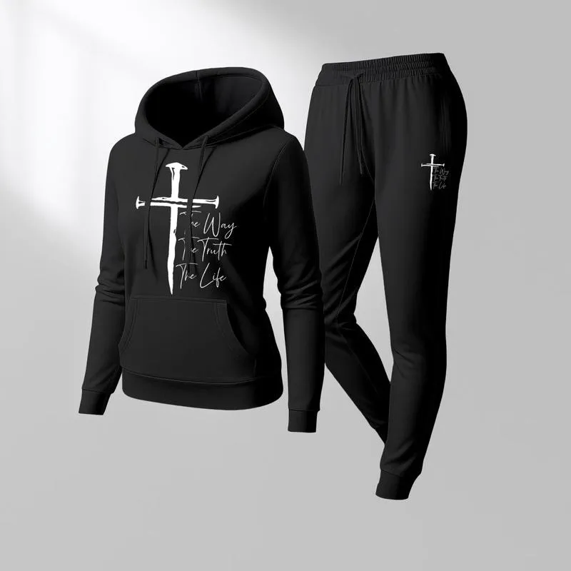 Women's Jesus on the Cross Print Hoodie And Drawstring Track Pants Set