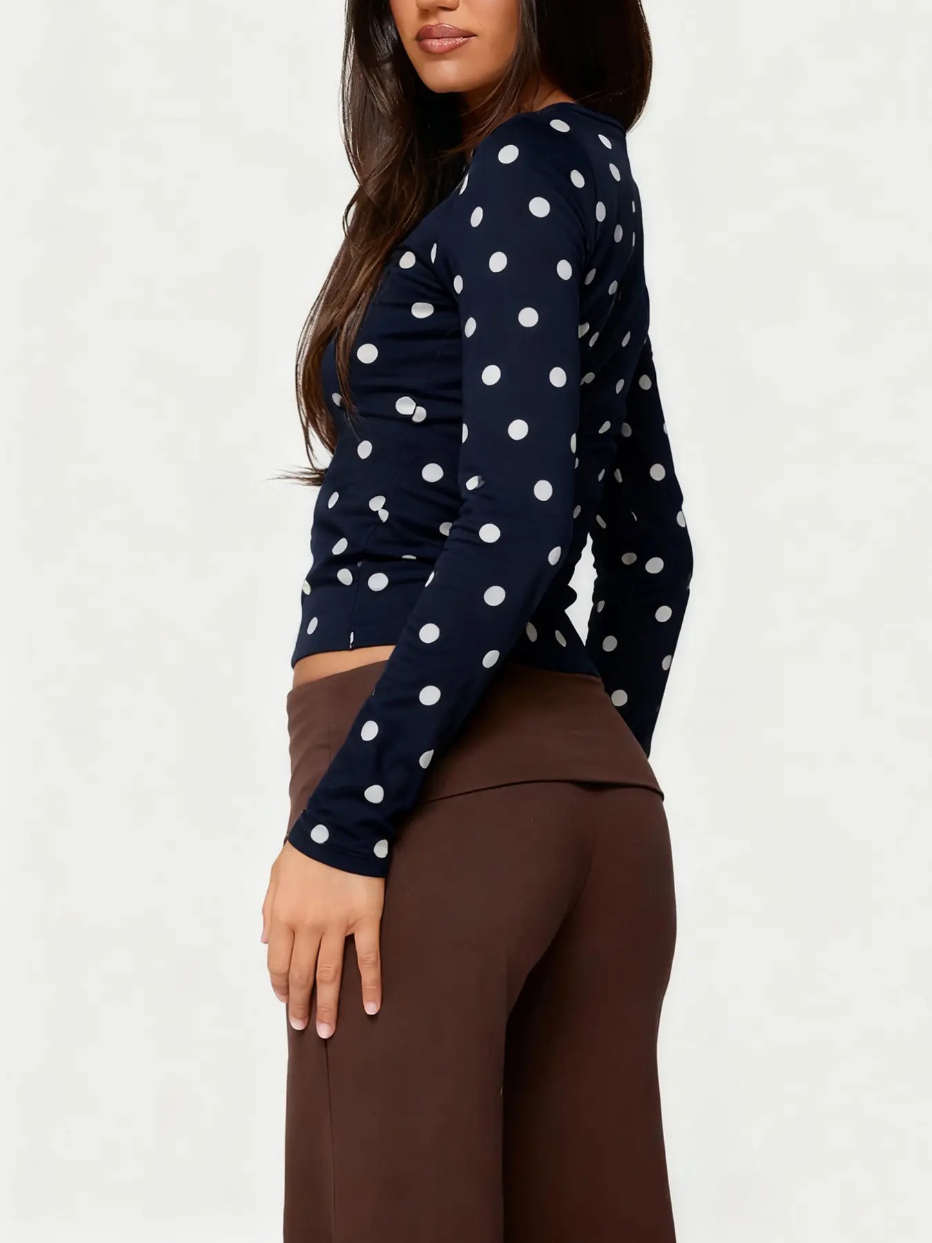 Women’s Retro Polka Dot Slim Fit Long Sleeve Crop Top – Vintage Chic Casual Style