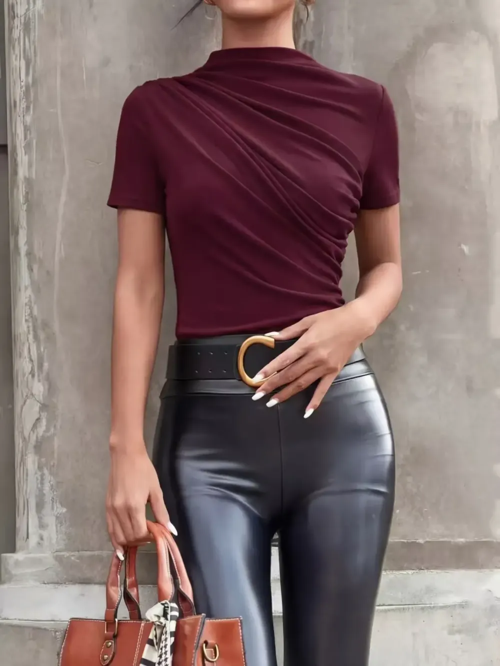 Women's Slim Fit Ruched Asymmetrical Top, High Neck Short Sleeve Knit T-Shirt, Casual Plain Design