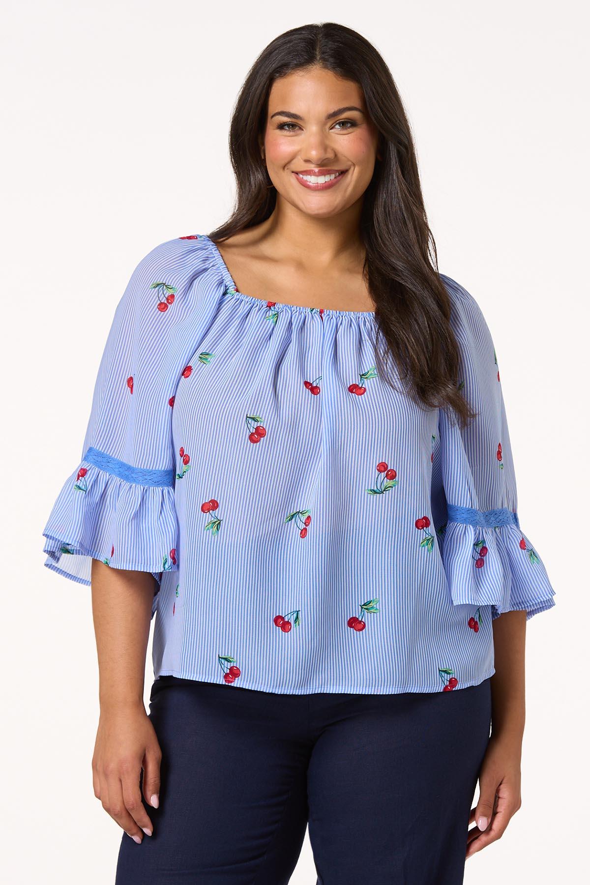 Plus Size Stripe Cherry Off Shoulder Top
