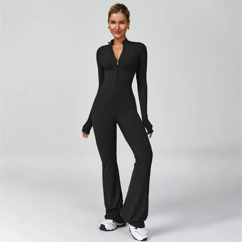 Women's Long Sleeve Flared Sports Jumpsuit - Zipper Jumpsuit