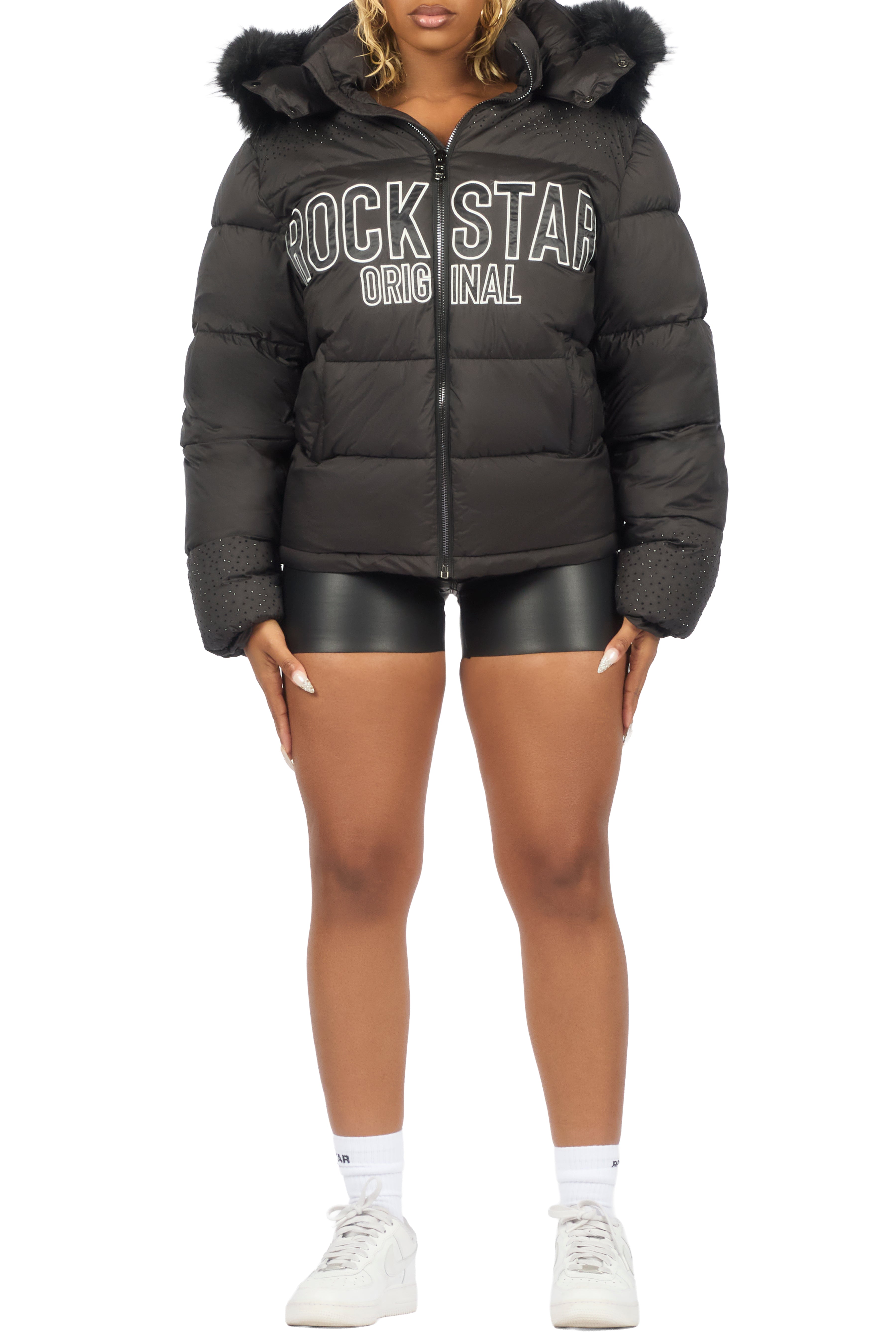 Natia Black Oversized Rhinestone Puffer Jacket