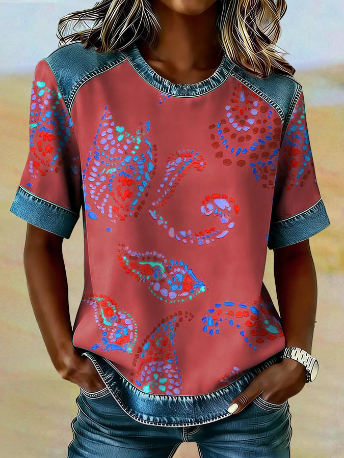 Women's casual retro Western floral T-shirt