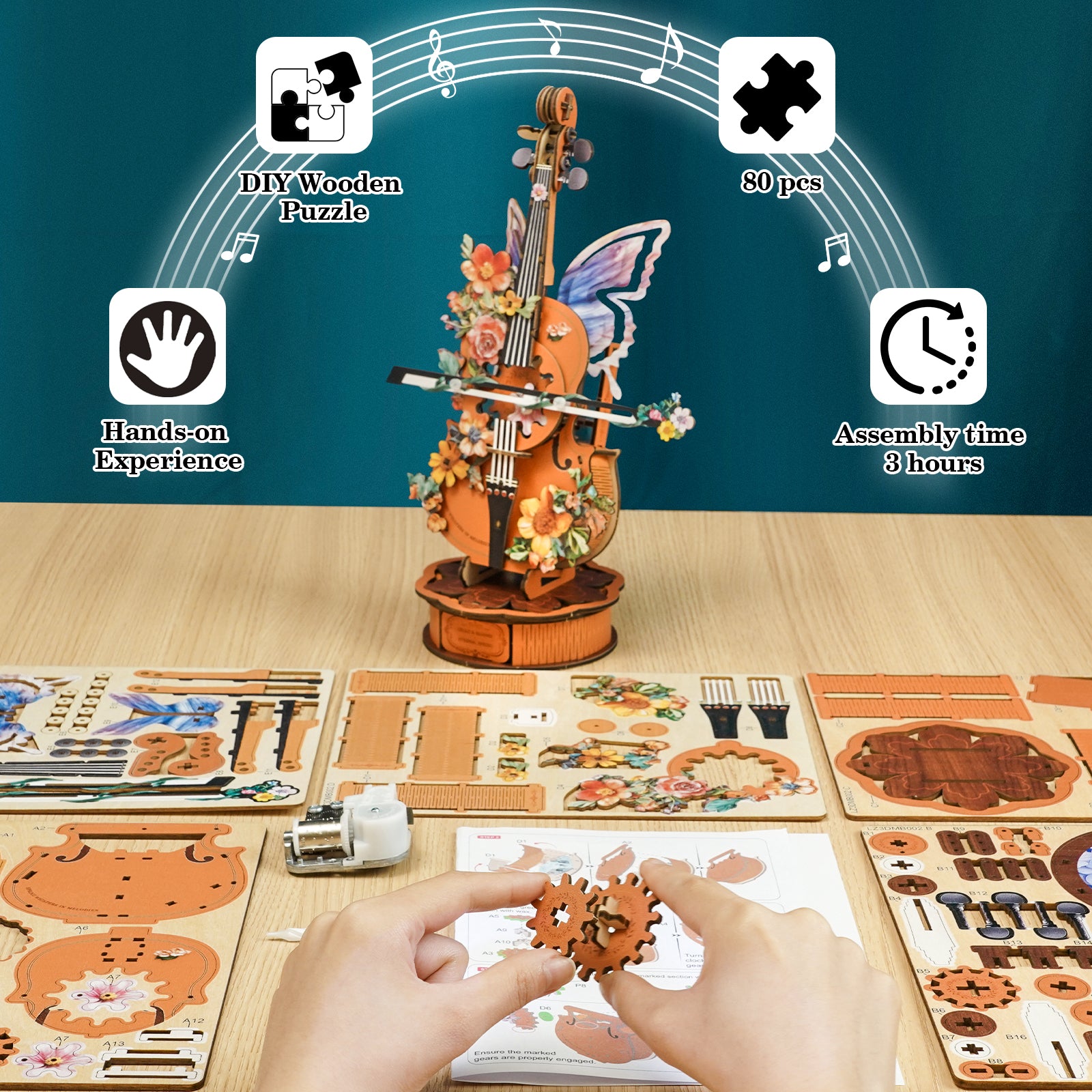 Flower Cello– DIY Wooden Music Box, 3D Puzzle Craft Kit