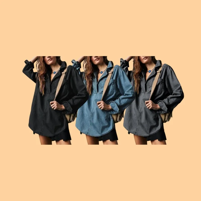 Women's Denim Pullover Casual Loose Fit V Neck Blouse