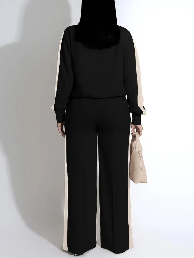 2-piece Set Women's Patchwork Top & Wide Leg Pants Set