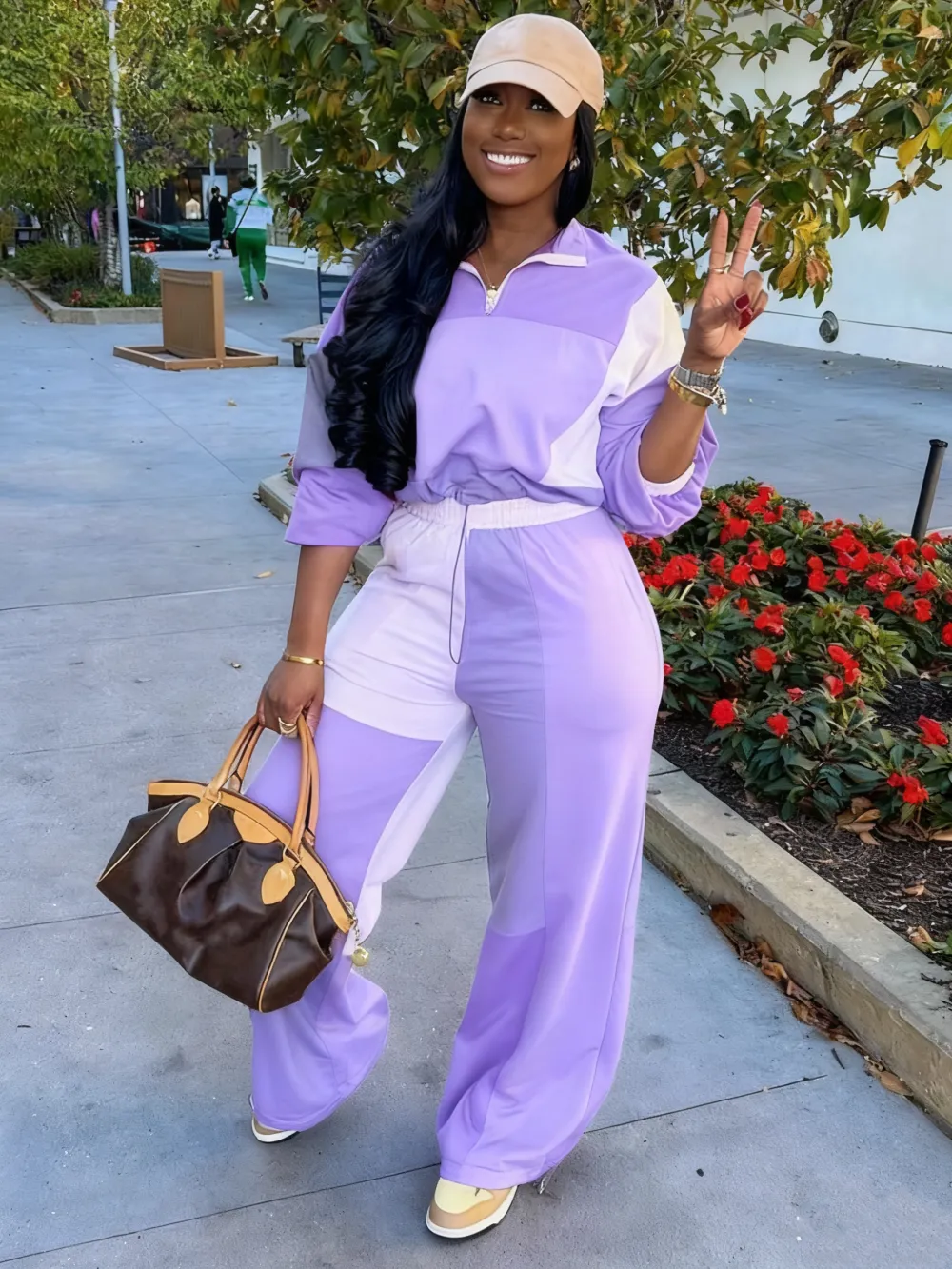 2-piece Set Women's Colorblock Zip Up Jacket & Wide Leg Pants