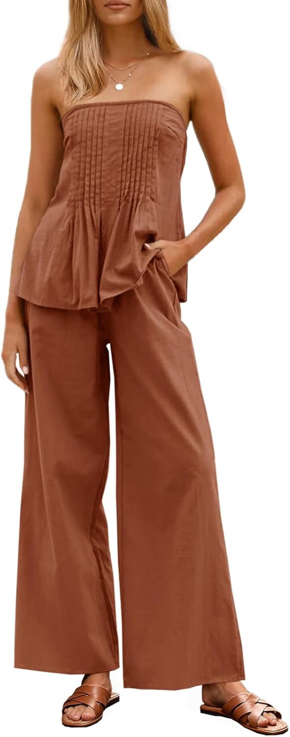 Women's 2 Piece Outfits Summer Strapless Tube Tops Wide Leg Pants Cotton Vacation Pleated Matching Lounge Set