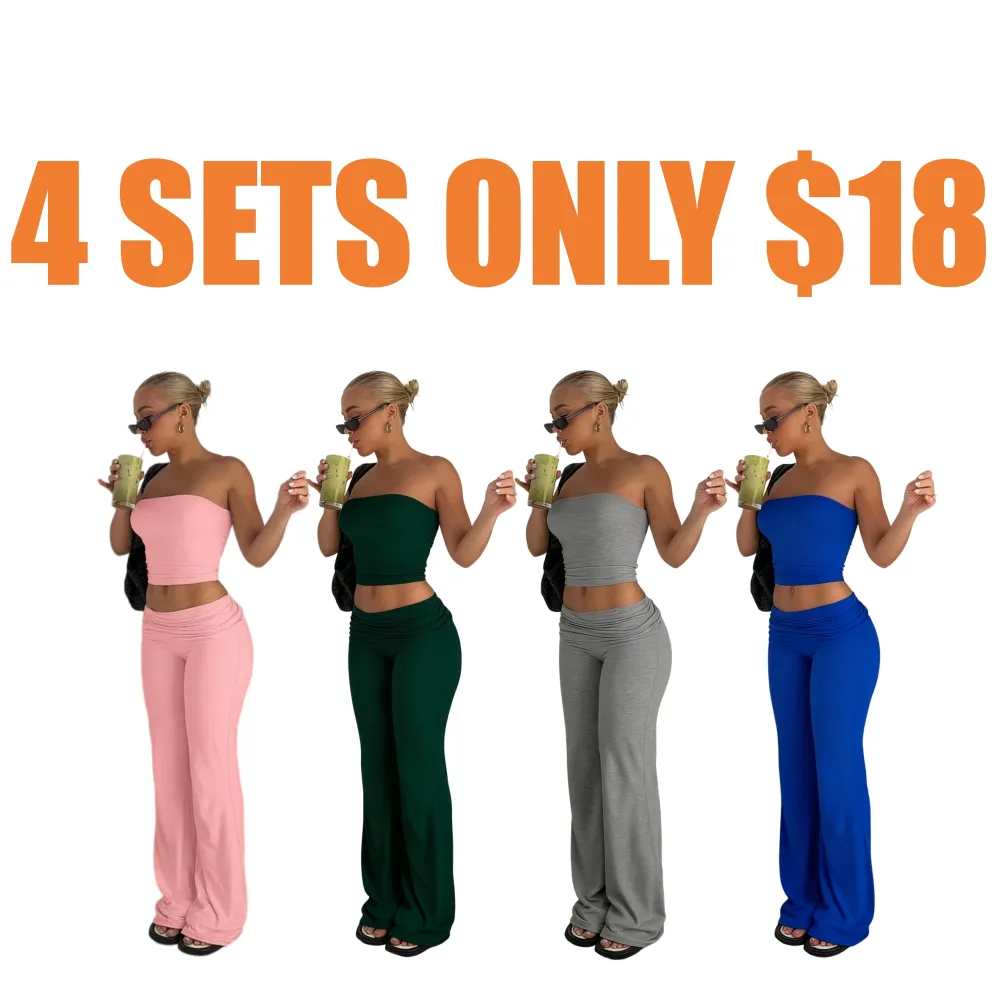 Two-Piece Set Women's Solid Crop Tube Top & Foldover Waist Flare Leg Pants