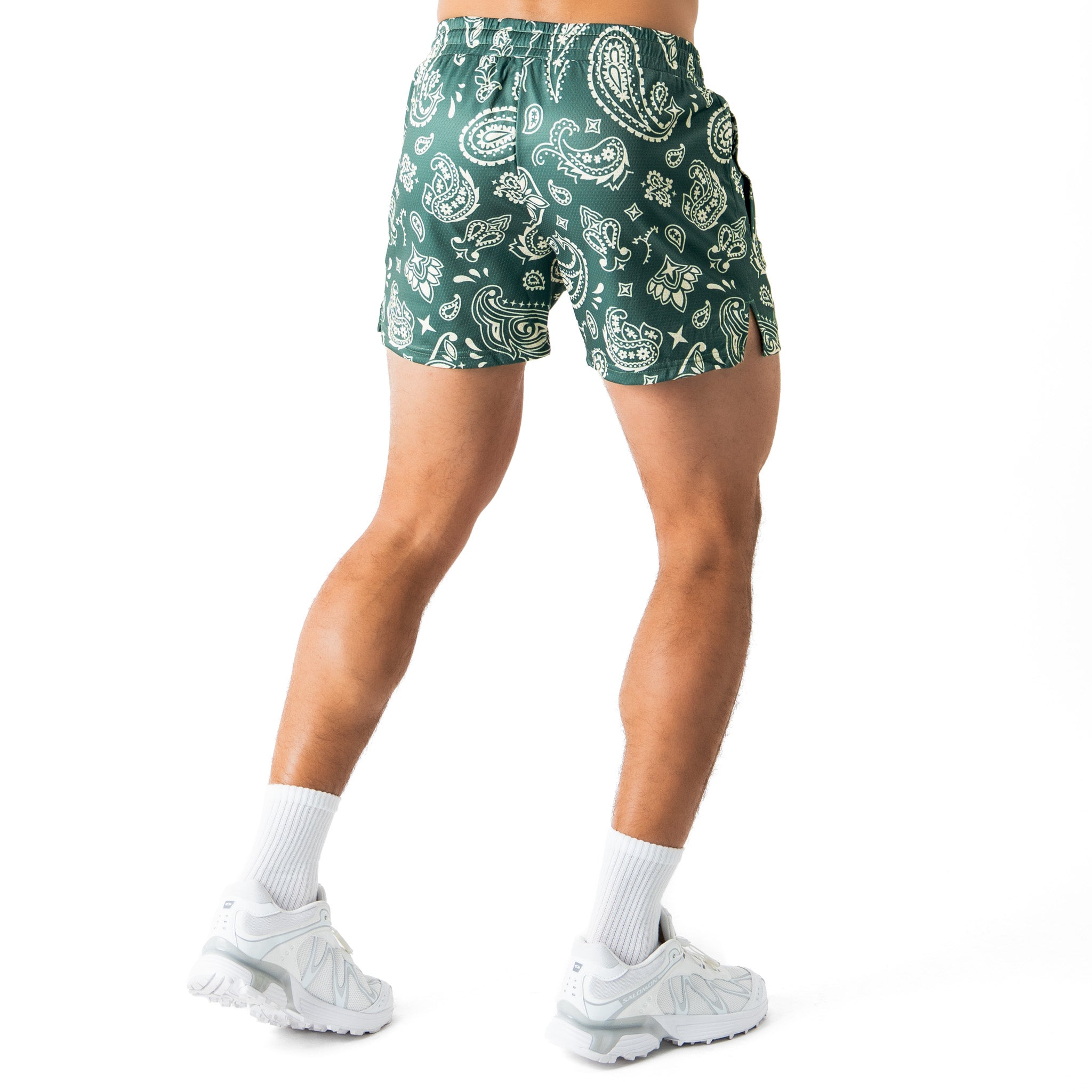 MUAY THAI SHORTS (MID THIGH CUT) BANDANA - GREEN / CREAM