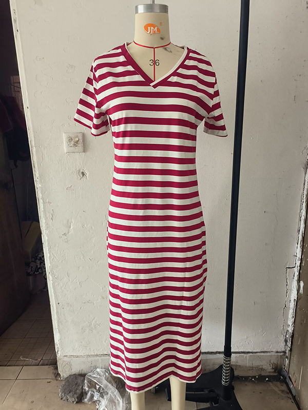 Printed Split-Side Striped A-Line Loose V-Neck Midi Dresses