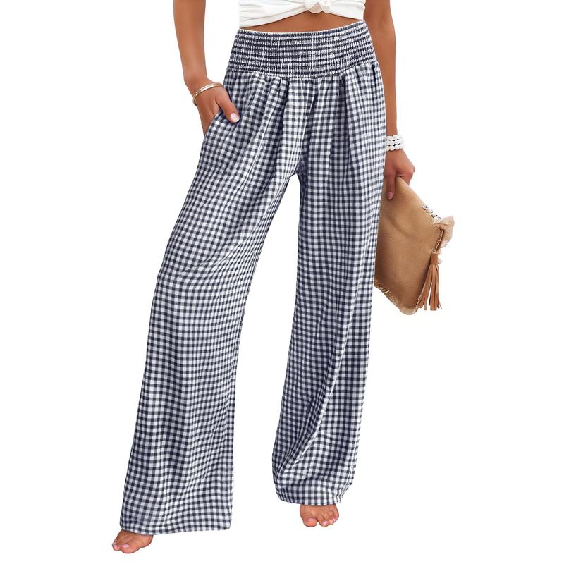 Women’s Gingham High-Waist Palazzo Lounge Pants with Pockets