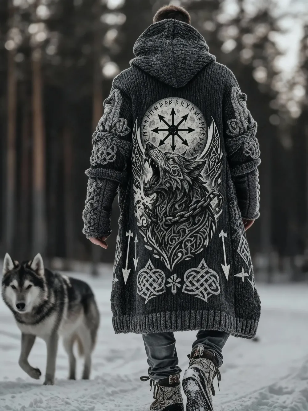 Men's Viking Style Compass Wolf Head Sweater Cardigan