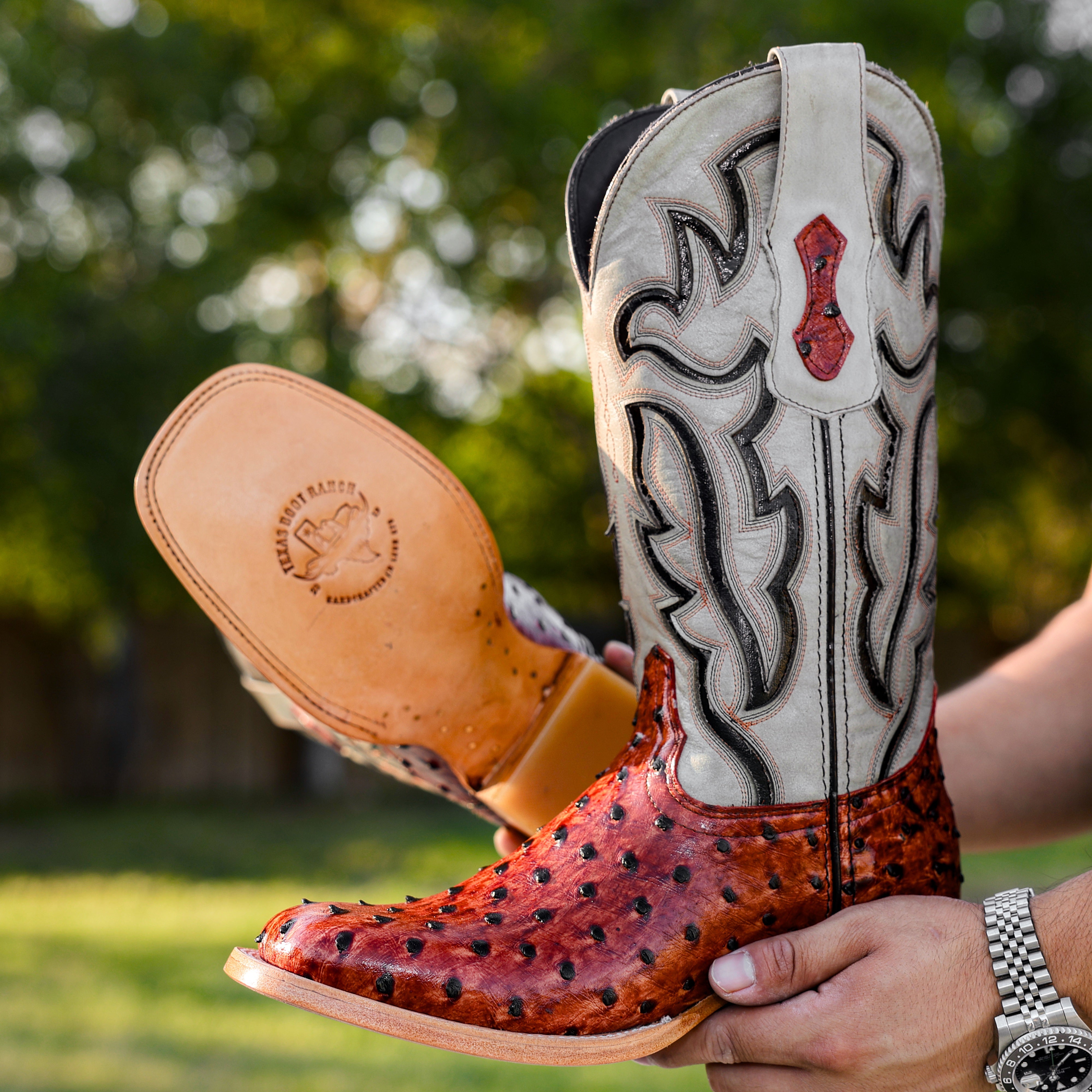 Cognac Ostrich Leather Boots - Square Toe