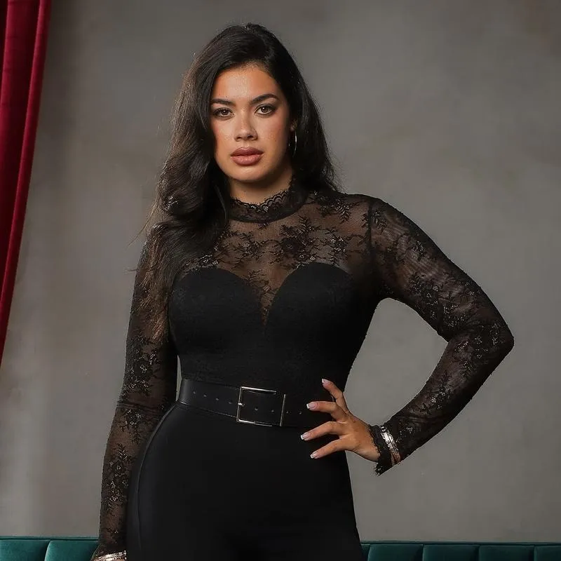 Deep V-Neck Long Sleeve Bodysuit Breathable Fabric Sheer Lace Turtleneck with Built-in Bra