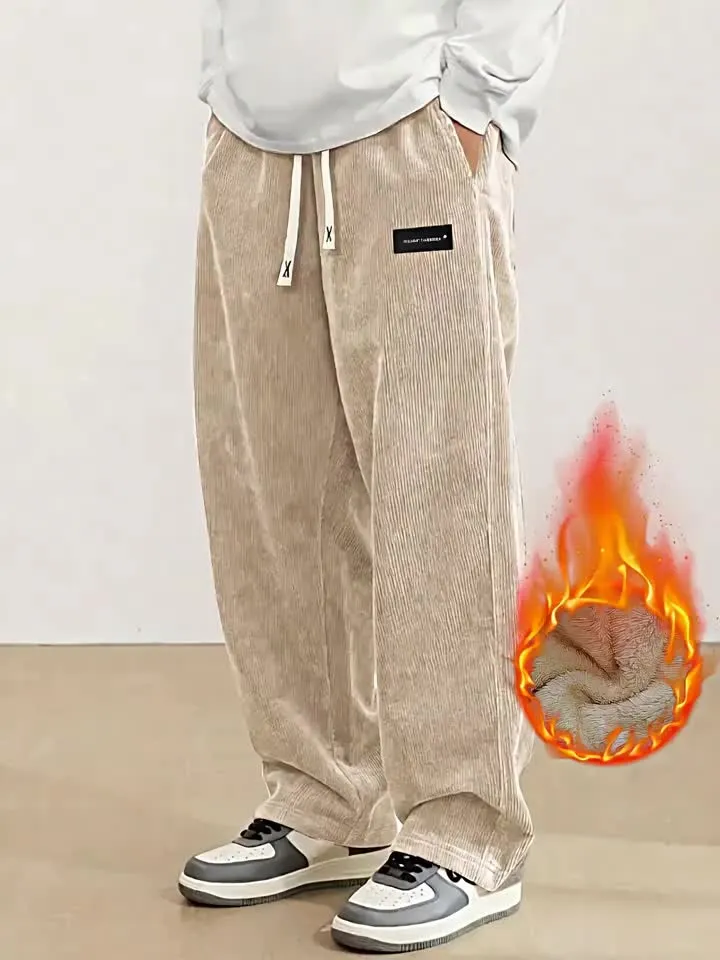 Men'S Thermal Winter Pants with Drawstring Waist - Beige Non-Stretch Trousers, Men's Sweatpants
