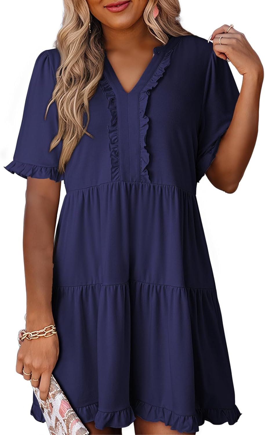 Womens Dresses 2025 Summer Spring V Neck Short Sleeve Casual A Line Flowy Swing Shift Dress Mini Dress
