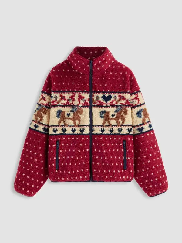 Merry Chrismas Fleece Collar Graphic Jacket