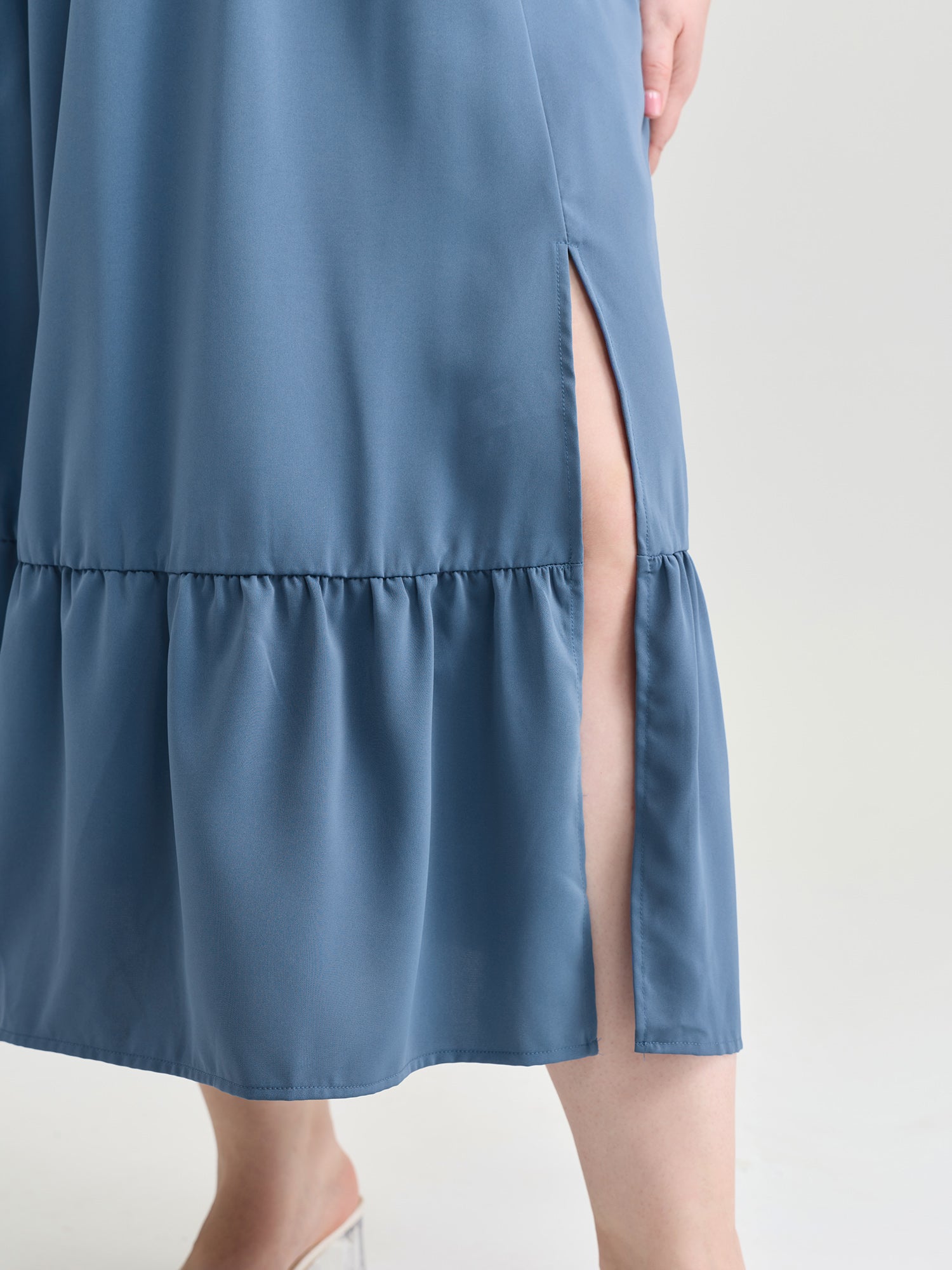 Ruched Shirred Back Layered Sleeve Midi Dress