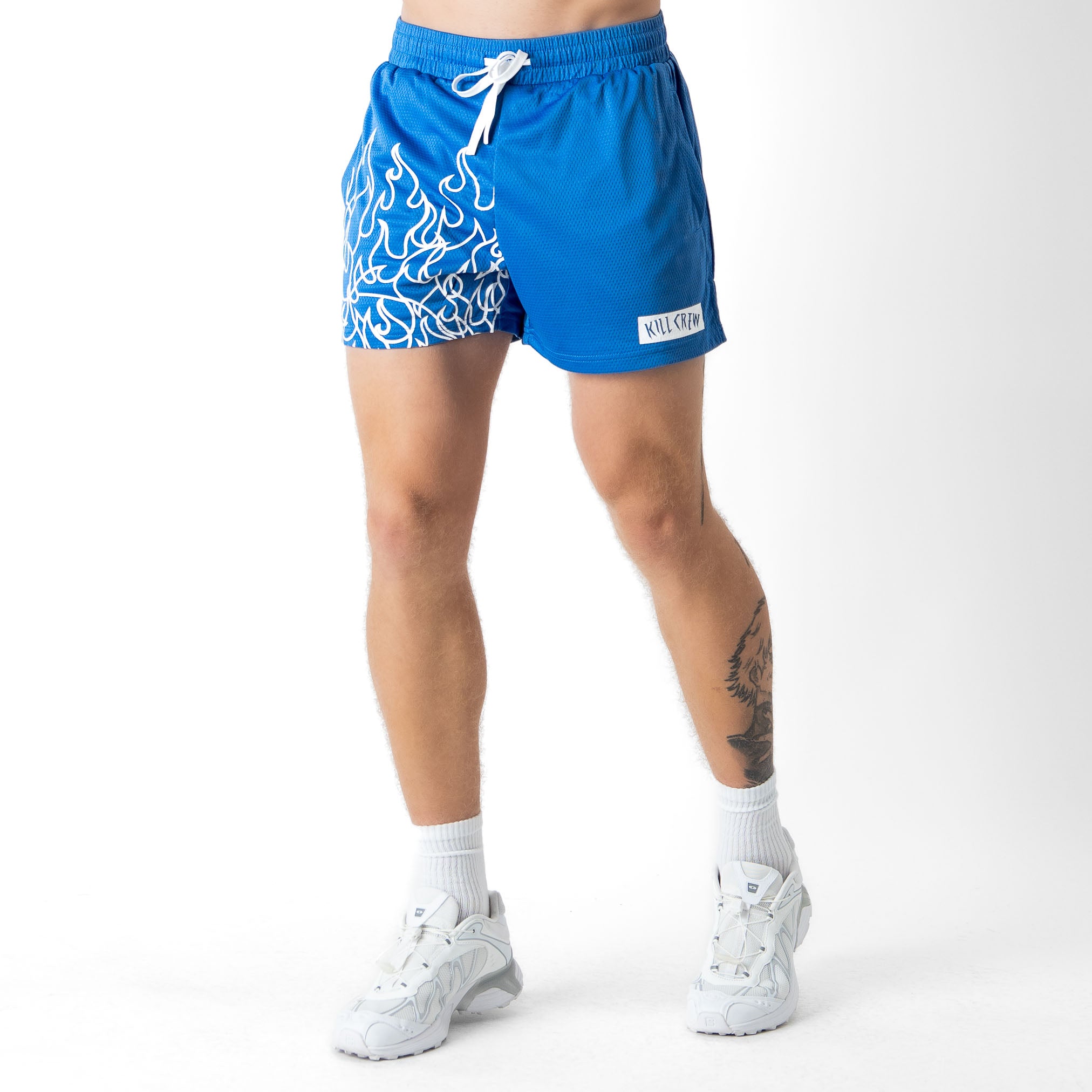 MUAY THAI FLAME SHORTS (MID THIGH CUT) - BLUE / WHITE