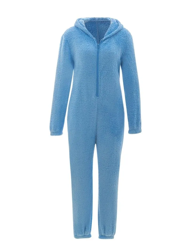 Women's Solid Zipper Hooded Plush Pajama Jumpsuit