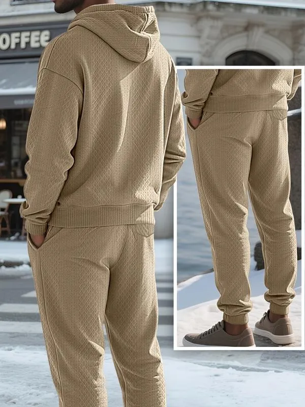 Two-piece men's solid color hooded sweatshirt and drawstring pants set
