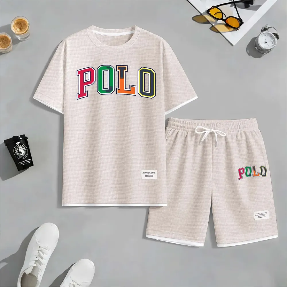 Men's Polo Print Drawstring Shorts Set For Spring/Summer. A Casual Summer Outfit, Including A Short-Sleeved Shirt And Shorts