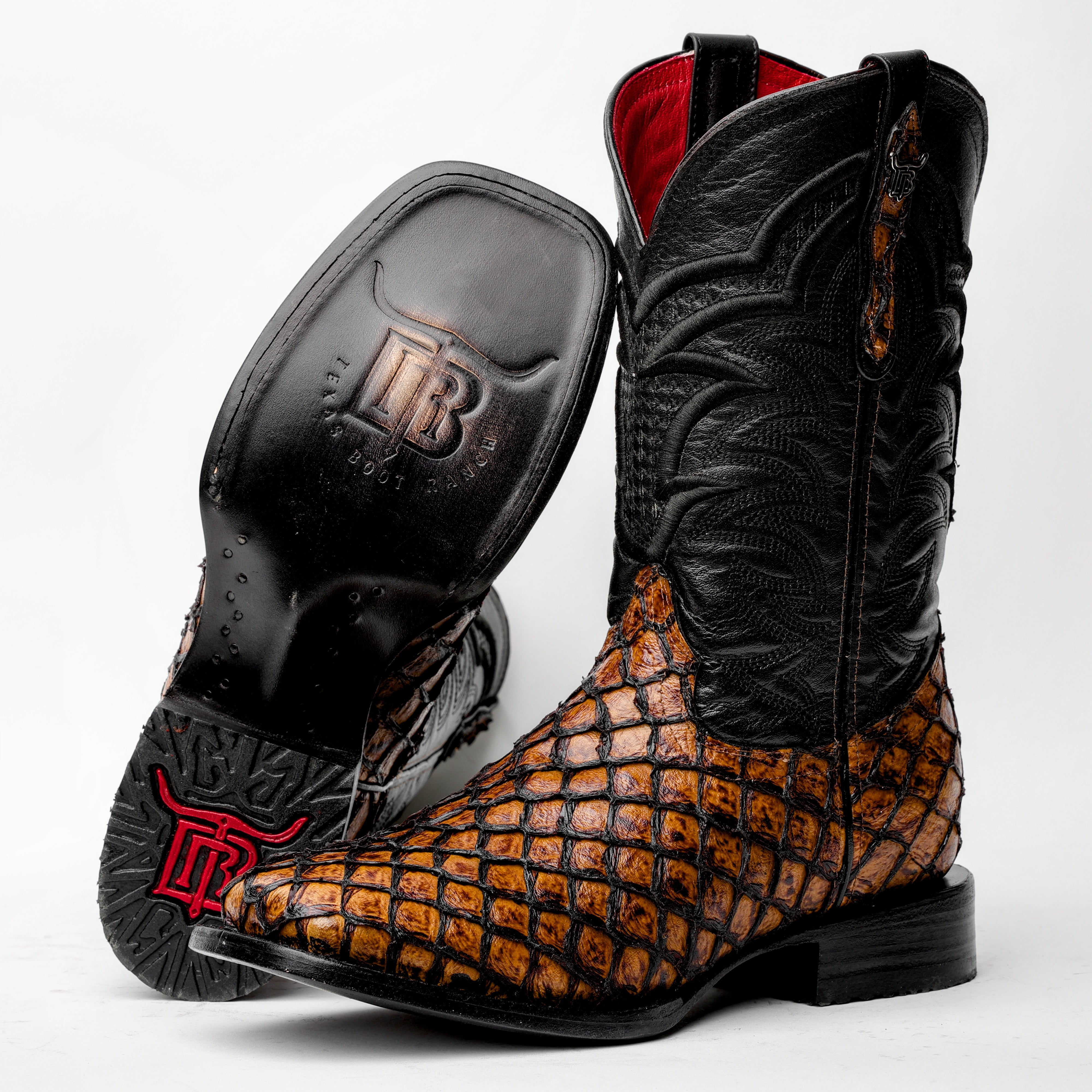 Honey Cognac Mini Pirarucu Leather Boots - Square Toe