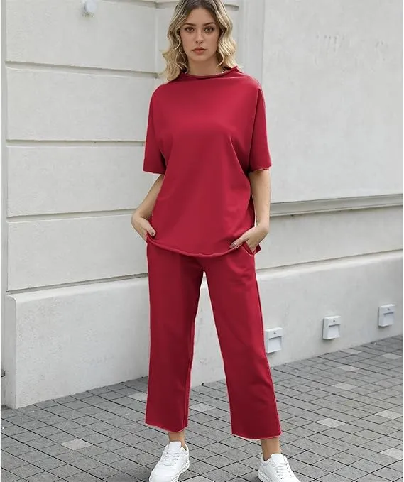 Women's 2 Piece Outfits Lounge Set 3/4 Batwing Sleeve Capelet Crew Neck Pullover Tops Wide Leg Pants