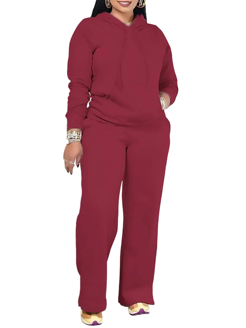 Women's solid color drawstring hoodie and high-waisted pants set