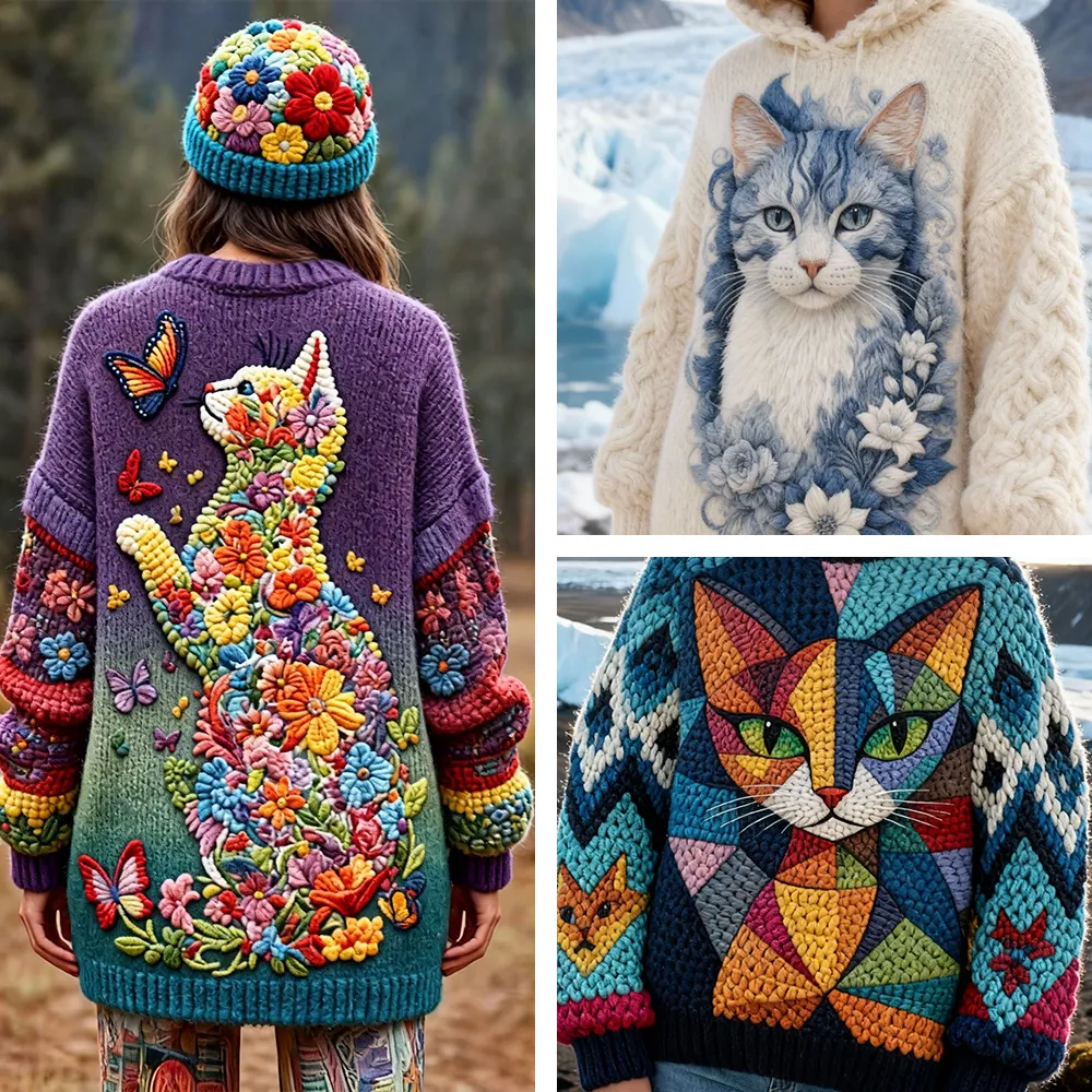 3 PCS $17.97 Women's Artistic Animals Line Knit Hooded Sweater