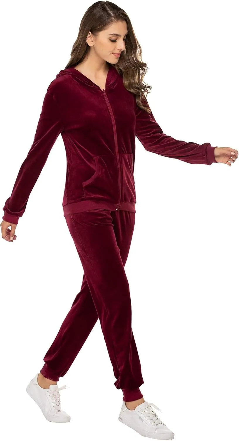 Women's Casual Velour Tracksuit Set Full Zipper Hoodie