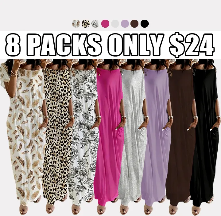 🔥8-PACK $24 - Women's Solid Color Batwing Sleeve Lounge Dress